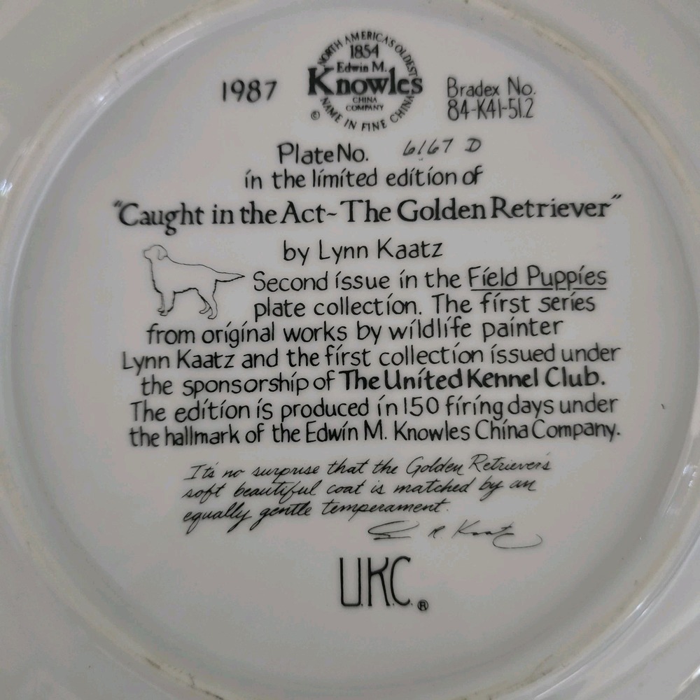 Edwin Knowles China Plate Golden Retriever Lynn Kaatz dog puppy 1987 caught Act - Picture 3 of 5